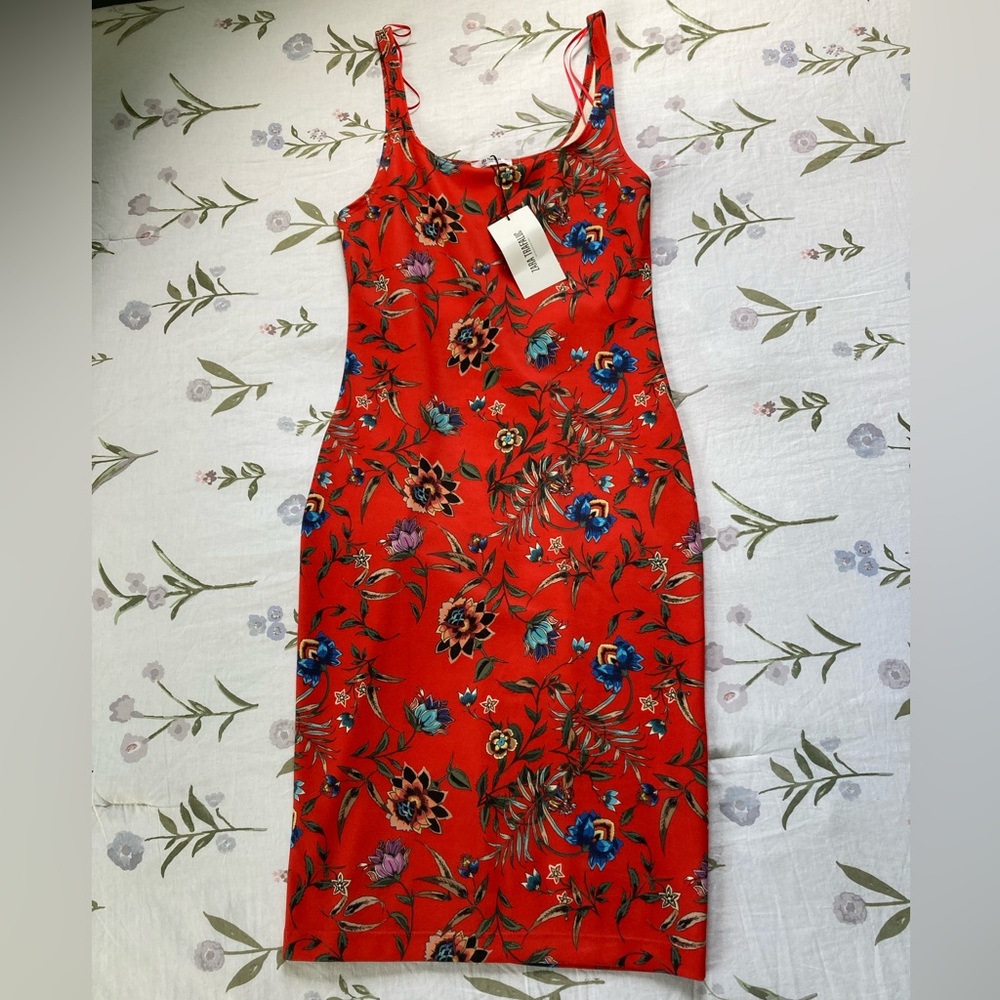 Zara Coral Red Floral Midi Dress (Large)